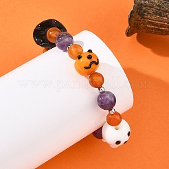 Handmade Lampworrk Ghost Pumpkin and Round Natural Amethyst & Red Agate Beaded Stretch Bracelets for Women&nbsp;BJEW-TA00766