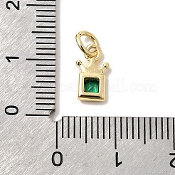 真鍮キュービックジルコニアチャーム  カドミウムフリー＆鉛フリー  18KGP本金メッキ  長持ちメッキ  クラウンと正方形  グリーン  10x6x2.5mm  穴：3mm&nbsp;KK-G554-01B-02