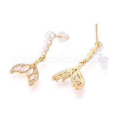 Brass Micro Pave Clear Cubic Zirconia Fishtail Dangle Stud Earrings&nbsp;KK-T071-24G