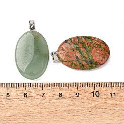 天然＆合成混合原石のペンダント  プラチナトーンの201ステンレススチール製スナップオンベイルが付いたフラットオーバルチャーム  染めと未染色の混合  30.5~34.5x20~21x5.5~6mm  穴：5.5x3.5mm&nbsp;G-K354-12