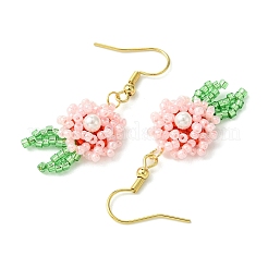 ガラスダングルピアス  シェルパールビーズと304ステンレススチールのピアスフック付き  花  ピンク  45~46x16mm&nbsp;EJEW-MZ00316-01