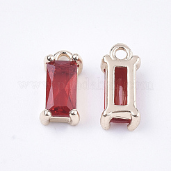 クリアガラスチャーム  真鍮パーツ  多面カット  長方形  ライトゴールド  レッド  8.5x4x3mm  穴：1mm&nbsp;GLAA-T007-13D