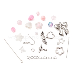 DIYのピンクのイヤリング作成キット  スター＆ポリゴン＆フラワー＆イミテーションパールアクリル＆ガラス＆プラスチックビーズを含む  ちょう結び＆キー合金ペンダント  真鍮のピアスフック  プラチナ  600個/セット&nbsp;DIY-FS0004-78