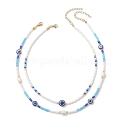 2Pcs 2 Styles Natural Pearl & Blue Resin Evil Eye & Glass Seed Beaded Necklaces for Women&nbsp;NJEW-MZ00152
