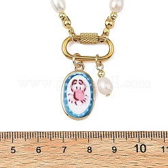 Printed Brass Oval Pendant Natural Cultured Freshwater Pearl Beaded Necklaces for Women&nbsp;NJEW-JN06384