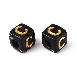 不透明なアクリルビーズ  ゴールドライン入り  文字付きのキューブ  ブラック  文字C  4.5~5x4.5~5x4.5~5mm  穴：2mm  約6250個/500g&nbsp;SACR-T035-20C