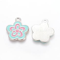 合金エナメルチャーム  鉛フリー及びカドミウムフリー  花  母の日のプレゼント作りに最適  アクアマリン  プラチナ  約22mm長  20 mm幅  厚さ2.5mm  穴：2.5mm&nbsp;EAP073Y-4