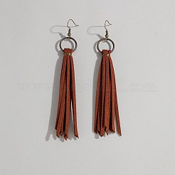 合金と合成皮革のリングタッセルダングルイヤリング  アンティークブロンズ  115mm&nbsp;FS-WG150DE-02