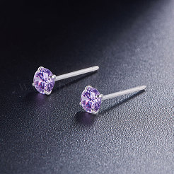 ロジウムメッキのスターリングシルバー925本爪イヤリング  aaaキュービックジルコニアとイヤーナット付き  ライラック  6mm&nbsp;JE420D-02