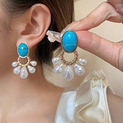 Alloy Plastic Pearl Oval with Fan Dangle Stud Earrings&nbsp;FS-WG2B252-01