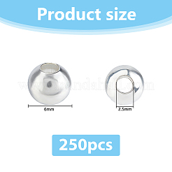 真鍮製スムースラウンドビーズ250個  継ぎビーズスペーサ  銀  6mm  穴：2.5mm&nbsp;KK-DC0004-34