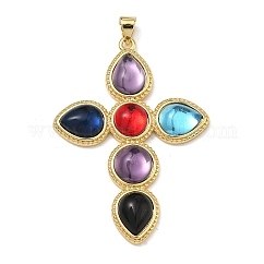 Brass Resin Pendants, Cross Charm, Lead Free & Cadmium Free, Rack Plating, Long-Lasting Plated, Real 18K Gold Plated, Colorful, 45.5x32.5x5mm, Hole: 4x3.2mm