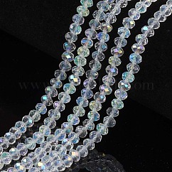 Electroplate Glass Beads Strands, Half Rainbow Plated, Faceted, Rondelle, Clear, 8x6mm, Hole: 1mm, about 60~62pcs/strand, 39~40cm