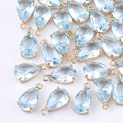 クリアガラスチャーム  真鍮パーツ  多面カット  ティアドロップ  ライトゴールド  淡いターコイズ  15x8x6mm  穴：1.2mm