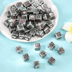 花柄プリントの磁器ビーズ  花柄のセラミックビーズ  キューブ  ダークシーグリーン  10x10x10mm  穴：4mm&nbsp;PORC-Q160-2