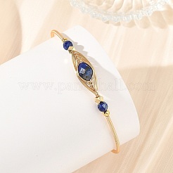Faceted Horse Eye Natural Mixed Stone Herringbone Wire-Wrapped Brass Open Cuff Bangles with Natural Pearl for Women&nbsp;BJEW-JB14303