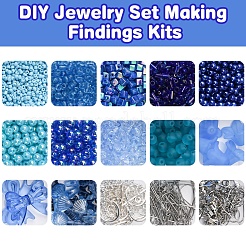 DIY ジュエリーセット ファインディングキット  ステンレススチールのピアスフックとピンを含む  合金の留め金  ガラス＆アクリルビーズ  伸縮性のある糸  ブルー&nbsp;DIY-FS0008-58