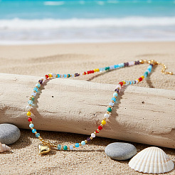 Beach Colorful Glass Beaded Alloy Heart Pendant Necklaces for Women&nbsp;NM2683