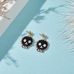 Handmade Japanese Seed Braided Skull Dangle Stud Earrings&nbsp;EJEW-MZ00039