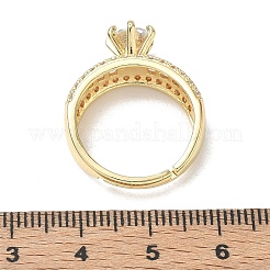 ラウンドキュービックジルコニアを中央に、バゲットカットのアクセントをあしらった、女性向けの調節可能な真鍮製指輪  長持ちメッキ  ゴールドカラー  ラウンド：8x6mm  内径：17mm&nbsp;CU-CBA7E55-16G
