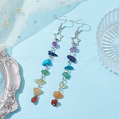 チャクラテーマの天然&合成宝石チップダングルイヤリング  女性用中空合金イヤリング  スター  110x12mm&nbsp;EJEW-JE05629-01