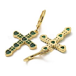 クロス リアル 18K ゴールド メッキ ブラス ダングル レバーバック イヤリング  ガラスと  濃い緑  39x17.5mm&nbsp;EJEW-A033-01G-01