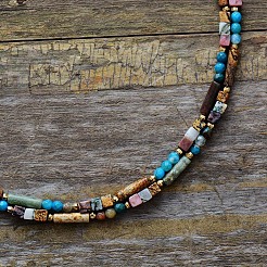 Bohemian Natural Mixed Stone & Glass Seed Beads Double-Layer Beaded French Necklaces for Women&nbsp;FS-WGCD50A-01