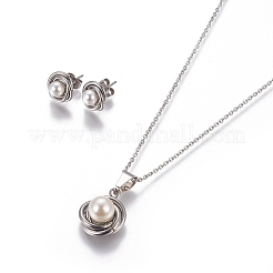 304ステンレススチールジュエリーセット  ペンダントネックレスとスタッドピアス  アクリル模造パール付き  ミックスカラー  ネックレス：17.5インチ（44.5cm）  耳スタッド：18x7ミリ  ピン：0.9mm&nbsp;SJEW-E329-02