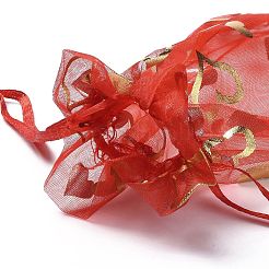 オーガンジー巾着ジュエリーポーチ  結婚披露宴のギフトバッグ  金箔押しハート柄の四角形  レッド  15x10x0.11cm&nbsp;OP-I001-B05