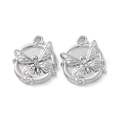 合金クリスタルラインストーンペンダント  バタフライチャーム付きフラットラウンド  プラチナ  17.5x15x3mm  穴：1.6mm&nbsp;FIND-A023-11P