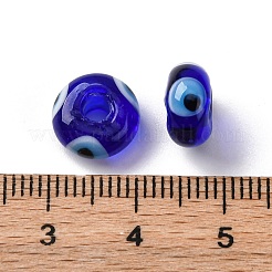 手作りのナザールボンジュウのランプワークビーズ  フラットラウンド  ミディアムブルー  9~10x6mm  穴：3mm&nbsp;LAMP-F021-01-04
