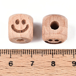 刻まれたブナの木のビーズ  染色されていない  キューブ  笑顔  12x12x12mm  穴：4~4.5mm&nbsp;WOOD-N015-08F