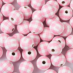 天然木製ビーズ  チェック柄ビーズ  タータン模様  ラウンド  ピンク  5/8インチ（16mm）  穴：4mm&nbsp;WOOD-TAC0010-05D