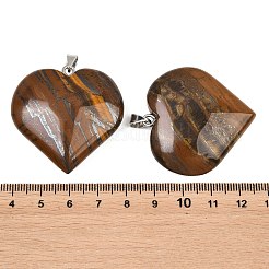 天然虎鉄のペンダント  304ステンレススチールのスナップオンベイル付きハートチャーム  ステンレス鋼色  40~42x40~40.5x8~13mm  穴：7x4mm&nbsp;GG-K002-04H