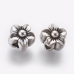 チベット風合金ビーズ  鉛フリー＆カドミウムフリー＆ニッケルフリー  花  アンティークシルバー  12x10mm  穴：3.5mm&nbsp;X-MPDL-5452-AS-FF