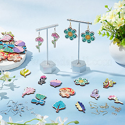 DIY植物イヤリング作りキット  鉄のピアスフックを含む  プリントバスウッドペンダント  木と葉と花とキノコ  ミックスカラー  220個/箱&nbsp;DIY-AR0003-33