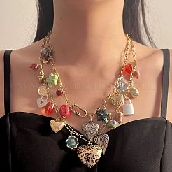亜鉛合金、磁器、ガラス、CCBプラスチックフラワーハートロックペンダントダブルレイヤービブネックレス  カラフル  ゴールドカラー  18.50~21.26インチ（47~54cm）  2個/セット&nbsp;FS-WGC767F-01