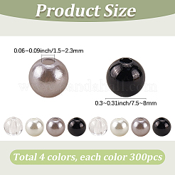 1200個 4スタイル ABSプラスチック模造真珠ラウンドビーズ  透明なアクリルビーズ  ラウンド  ミックスカラー  7.5~8mm  穴：2~2.3mm  300個/スタイル&nbsp;DIY-SP0004-66