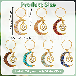 14Pcs 7 Styles Chakra Theme Moon & Star Alloy Gemstone Keychain&nbsp;KEYC-GO00011