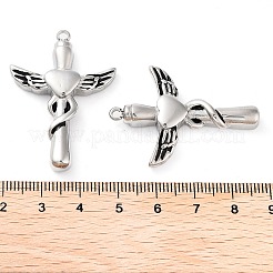 304ステンレスペンダント  ハートの翼付き十字架チャーム  アンティークシルバー  40x29x6.2mm  穴：2.2mm&nbsp;STAS-L022-381AS