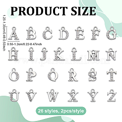 52スタイルの合金ラインストーンチャーム26個。  アルファベット  プラチナ  クリスタル  a～zの文字  12.5~13.5x5.5~12x2.5mm  穴：1.4mm  2個/スタイル&nbsp;ALRI-ME0001-03