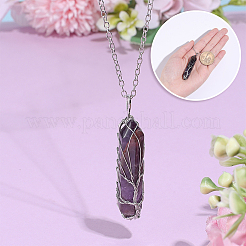 1Pc Natural Amethyst Bullet Macrame Pouch Pendant Alloy Chain Necklaces&nbsp;NJEW-PA0001-01C