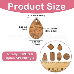 ウォールナット材ペンダント30個、6スタイル  混合形状  キャメル  15.5~21x2~3mm  穴：1.6~2mm  5個/スタイル&nbsp;WOOD-YW0001-59