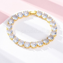 真鍮パヴェクリアキュービックジルコニアフラットラウンドリンクチェーンブレスレット（女性用）  鉛フリー＆カドミウムフリー  ラックめっき  18KGP本金メッキ  7-3/4インチ（19.7cm）&nbsp;BJEW-A034-02G