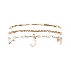 Round ABS Imitation Pearl Beaded Chains & 304 Stainless Steel Cable Chains Stackable Bracelets for Women&nbsp;BJEW-JB12452-03