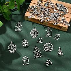 60pcs12スタイルチベットスタイルアロイペンダント  鳥かご  アンティークシルバー  17.5~34.5x12~25x1.5~2mm  5個/スタイル&nbsp;FIND-CJ0001-87