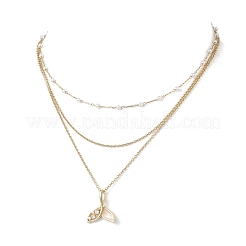 Brass Pave Clear Cubic Zirconia Pendant 304 Stainless Steel & Imitaiton Pearl Link Chain 3 Layer Necklaces for Women&nbsp;NJEW-JN05472-03