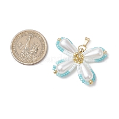 ツートンガラスシードビーズの蝶ペンダント  アクリル模造パールビーズ付き  淡いターコイズ  31.5x36x8mm  穴：6.5x2.5mm&nbsp;PALLOY-MZ00556-04