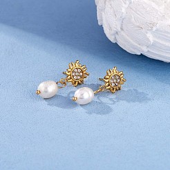 クリアキュービックジルコニアサン、シェルパールダングルスタッドピアス  女性用430ステンレススチールジュエリー  ゴールドカラー  29x12mm  ピン：1mm&nbsp;JE953A