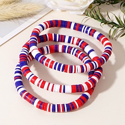 3Pcs Red White Blue Handmade Polymer Clay Heishi Beads Stretch Bracelets Set&nbsp;PW-WG85032-01